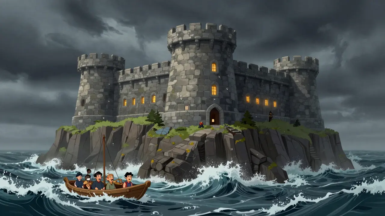 Sturdy fortress on cliff remaining calm while storms toss small boats