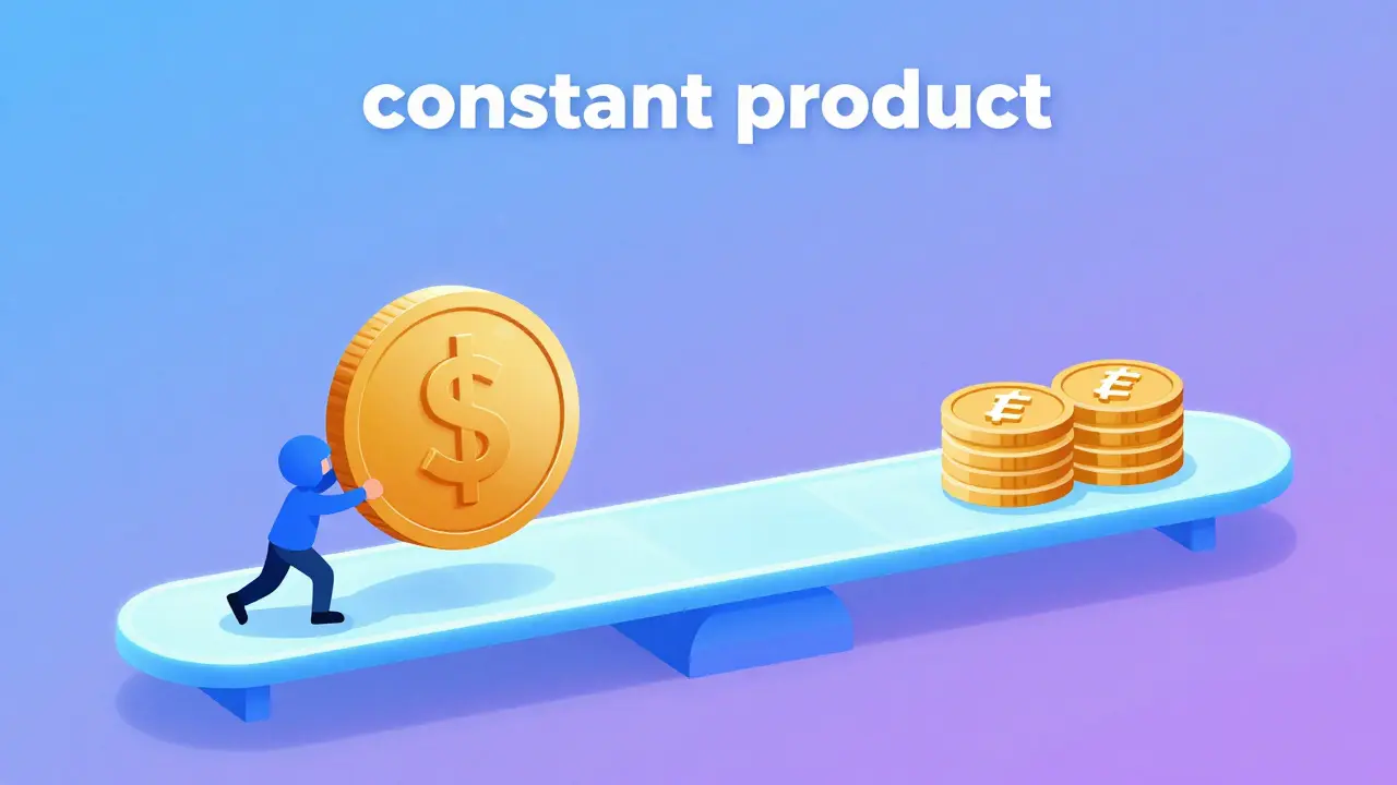 Stylized character balancing tokens on a curved hyperbola track to show the constant product formula
