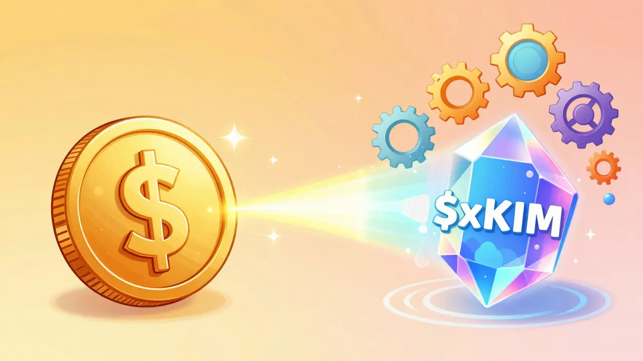 Transformation of a golden utility coin into an iridescent crystalline governance prism.