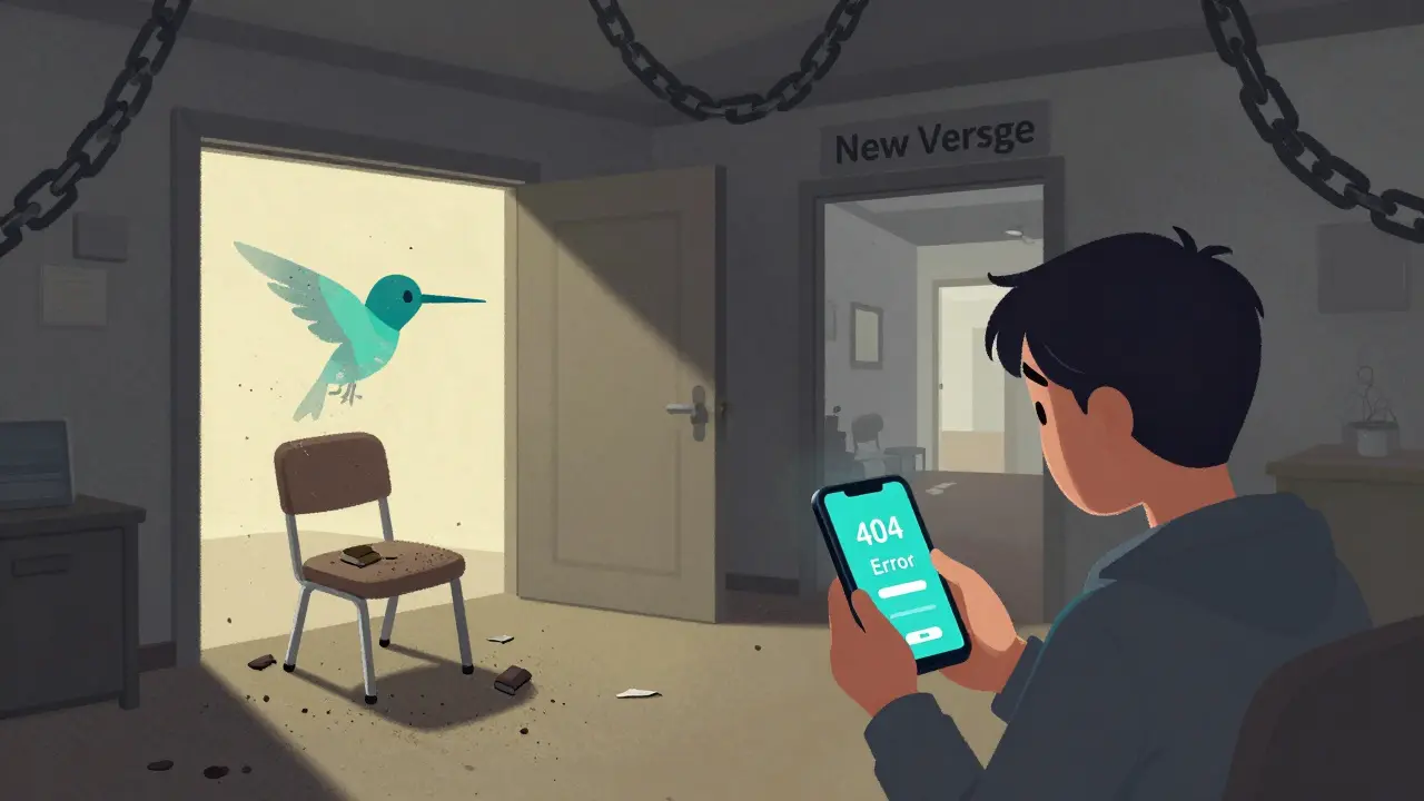 A faded, abandoned hummingbird token logo in a dusty room with trapped users and error screens.
