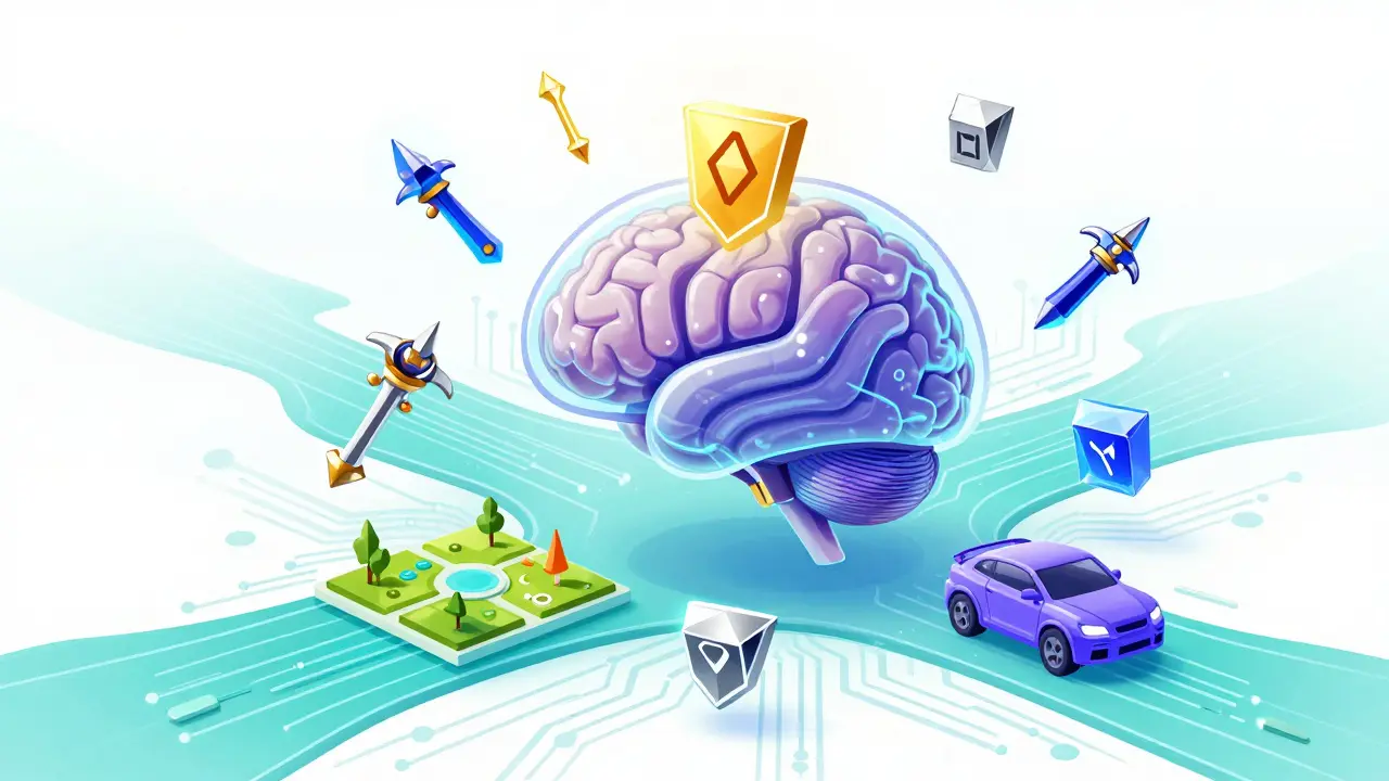 Abstract concept art showing AI algorithms and floating NFT game assets