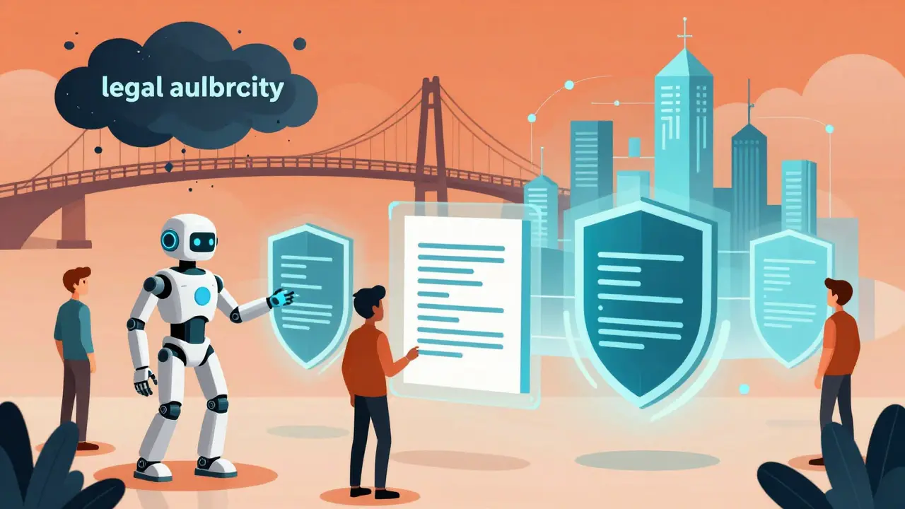 AI assistant helping humans navigate code and legal shields in a hybrid model.