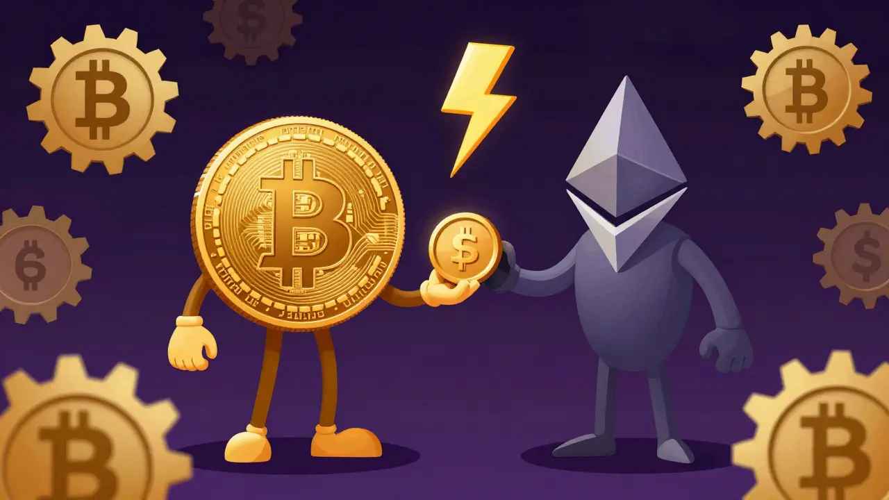 Bitcoin and Ethereum exchanging tokens directly with efficiency symbols.