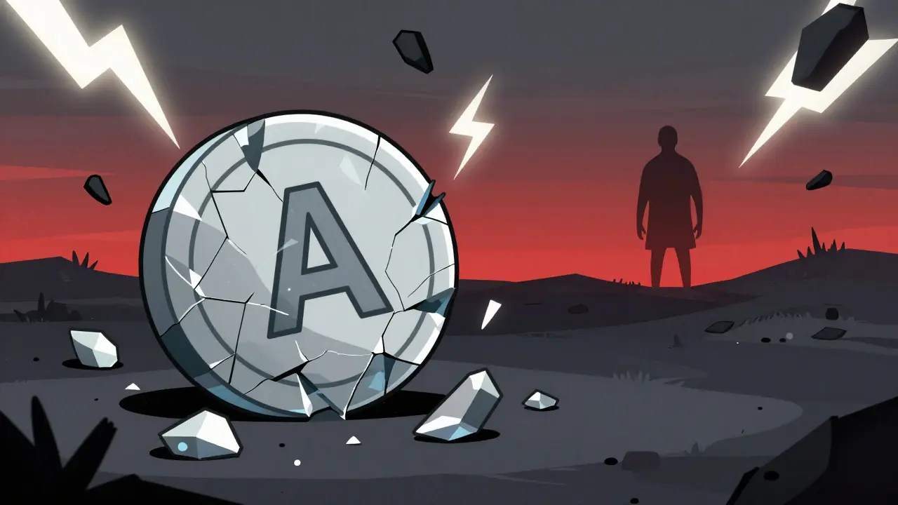 Broken crypto token on stormy ground symbolizing market crash and risk