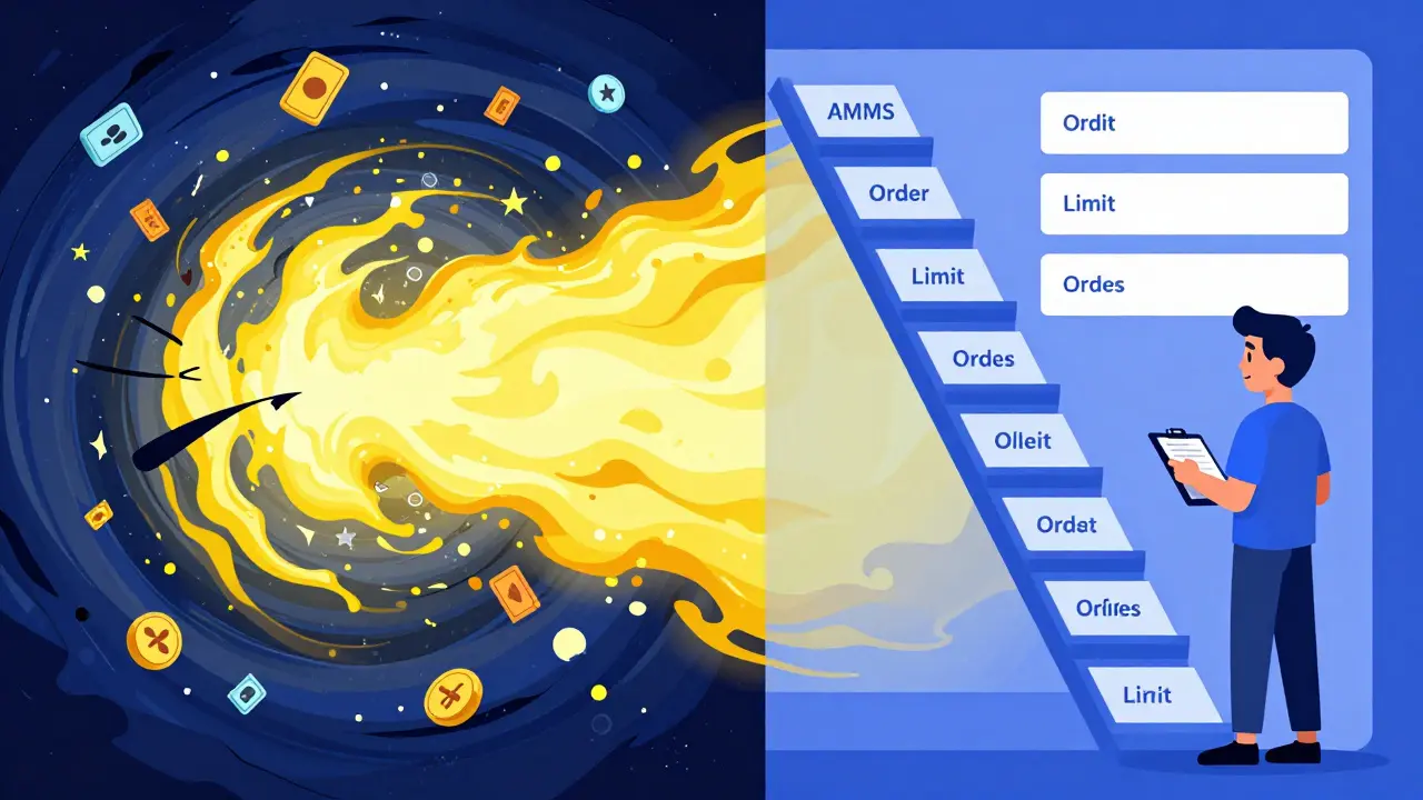 Concept art comparing chaotic AMM trading with orderly limit order books