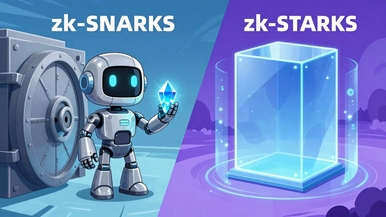Concept art comparing compact SNARKs with transparent, quantum-resistant STARKs.