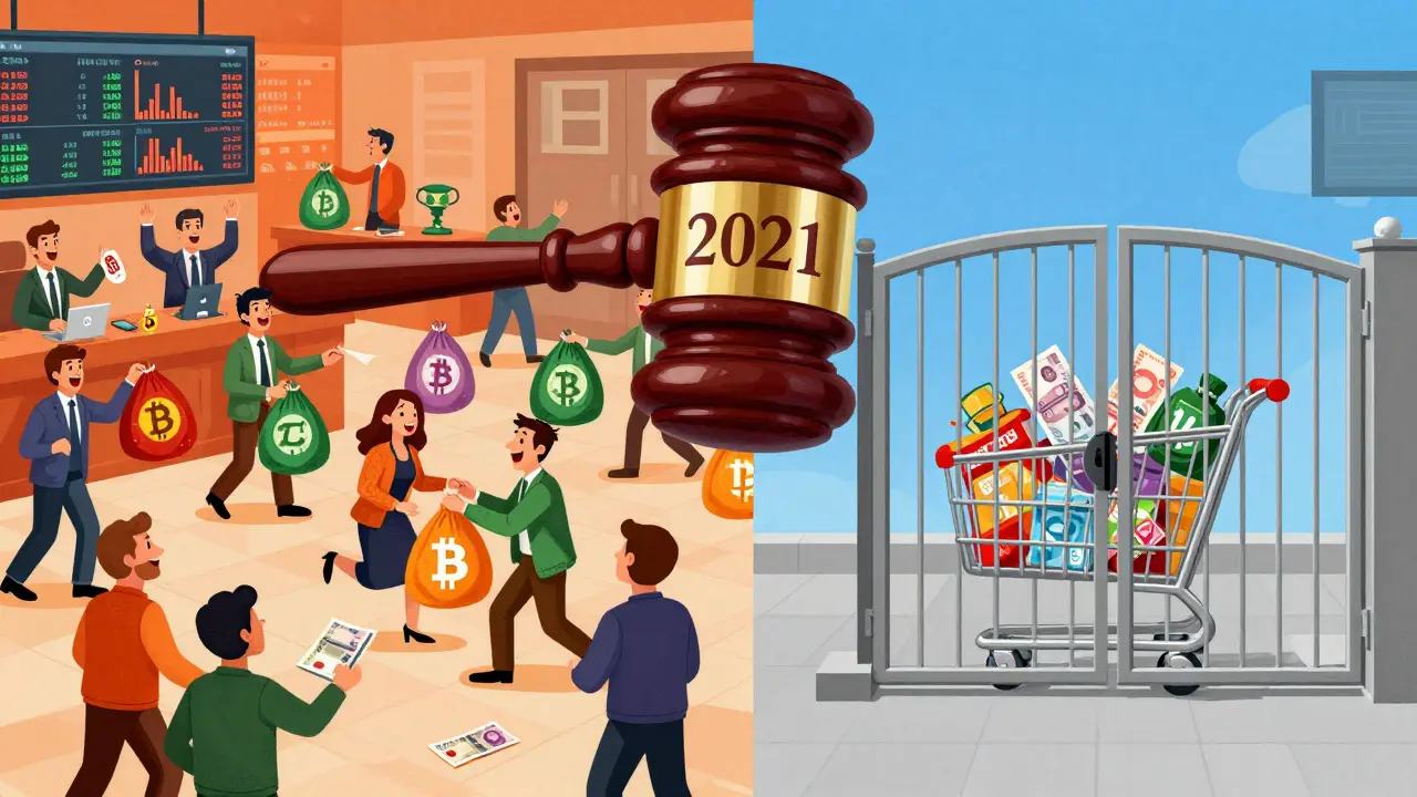 Concept art contrasting legal crypto trading with banned crypto payments