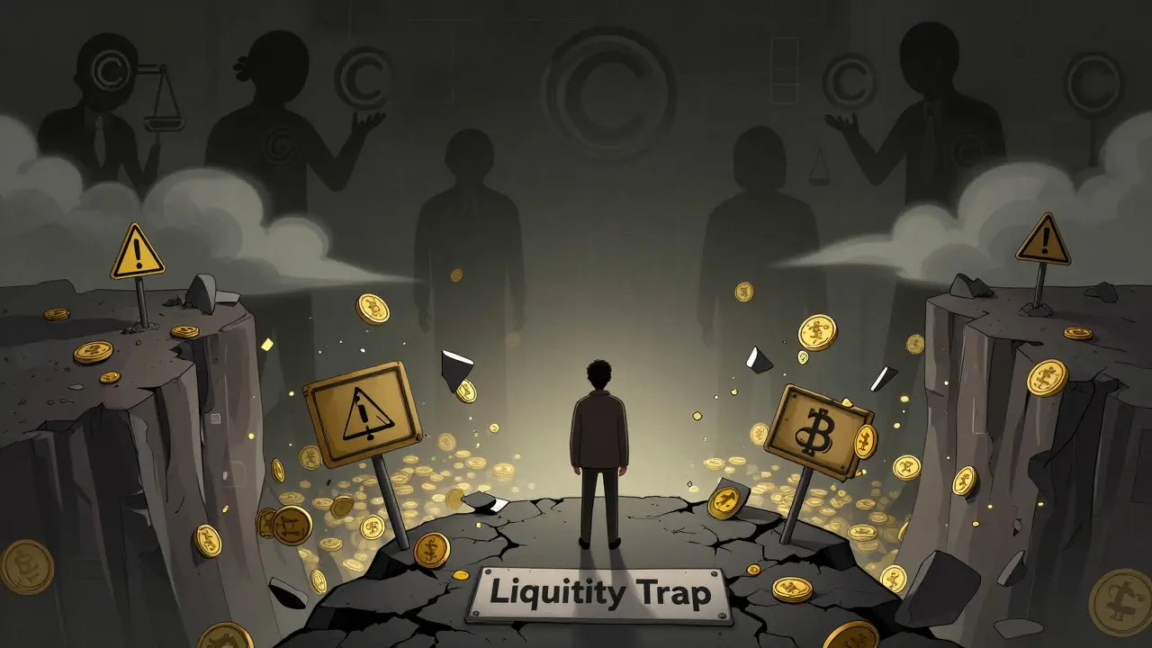Concept art depicting a trader facing liquidity traps and legal risks in the crypto market.