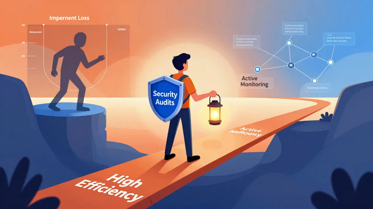 Concept art depicting trading risks, security, and future outlook on Raydium