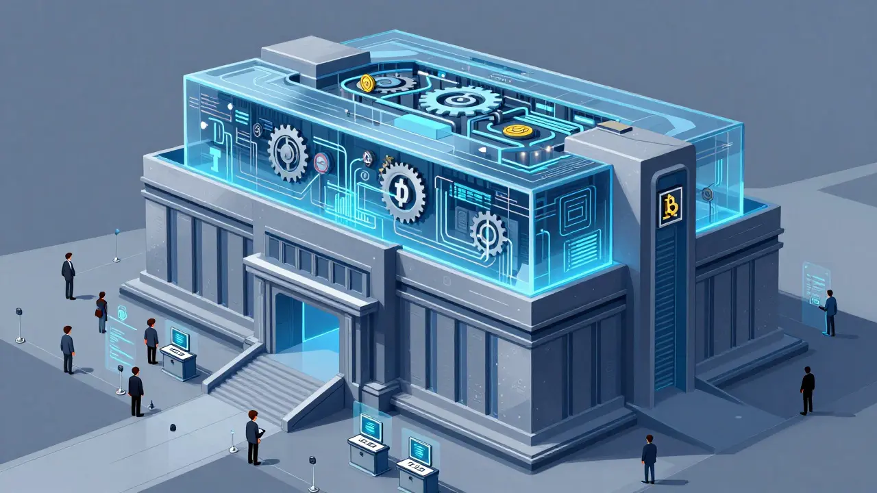 Concept art of a state-controlled crypto fortress with monitored transaction flows.
