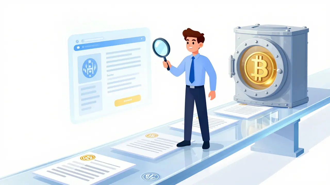 Concept art of a vigilant investor using verification tools to avoid fake crypto exchanges.
