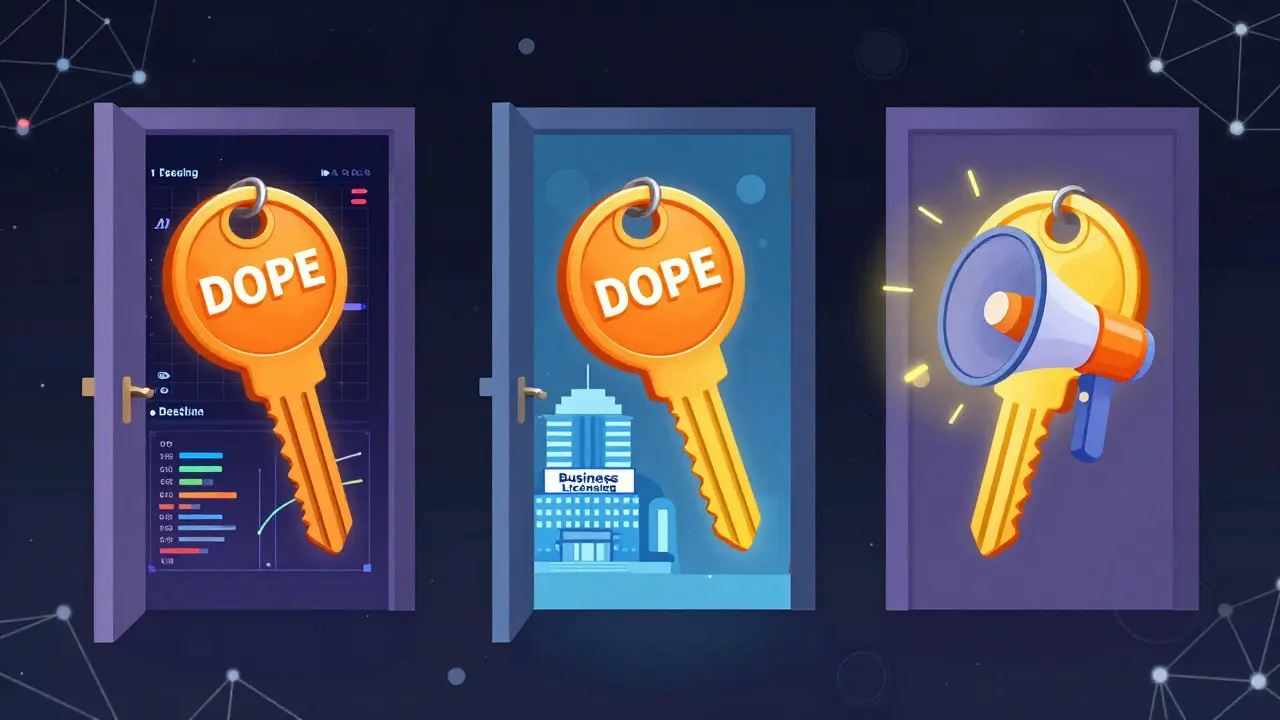 Concept art of DOPE tokens unlocking AI tools and business licenses