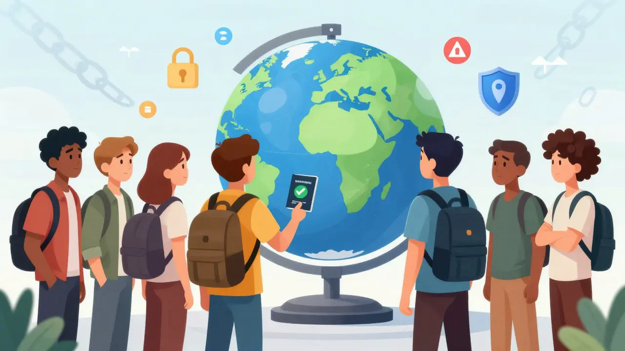 Concept art of travelers checking crypto risk levels on a global map