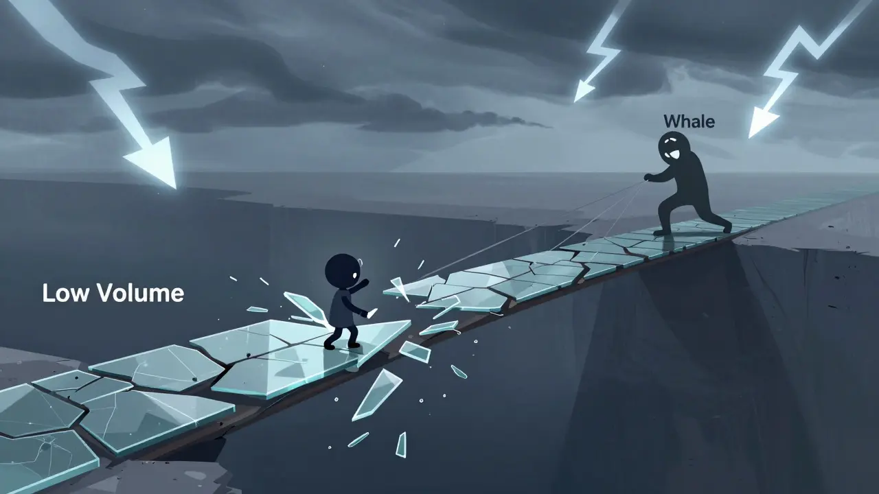 Concept art showing an investor trapped on a breaking bridge over a liquidity void.