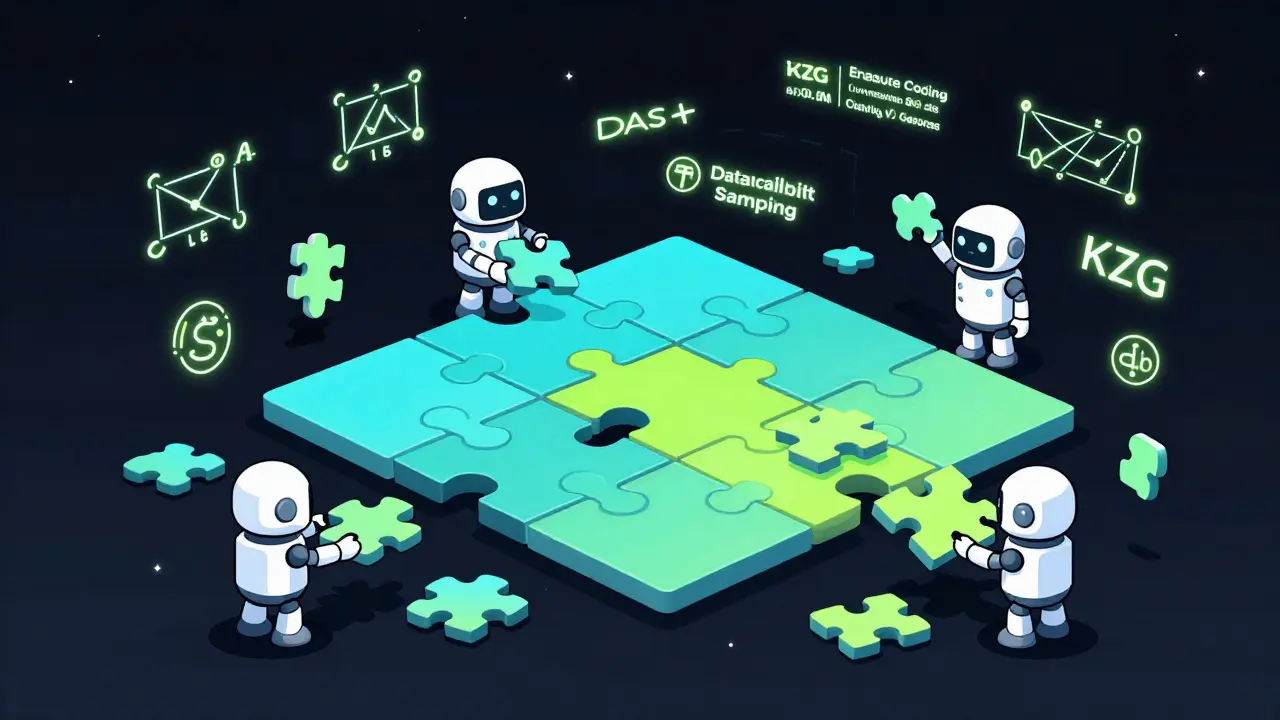 Concept art showing light clients verifying data via sampling fragments of a digital puzzle.