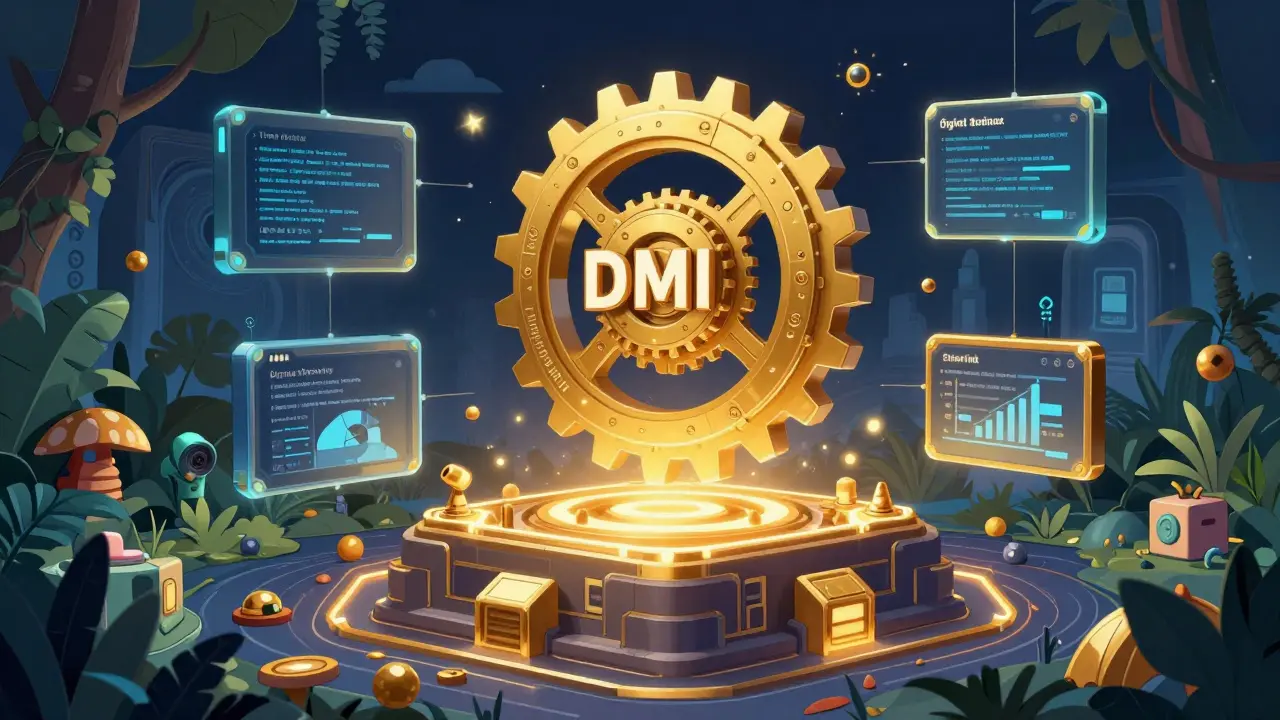 Concept art showing the Etherlink blockchain ecosystem and Digital Market Index gears.