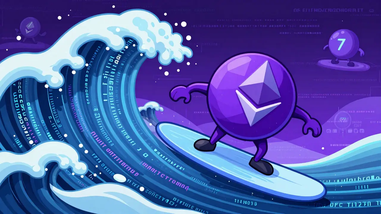 Ethereum character surfing a wave of smart contracts and data.