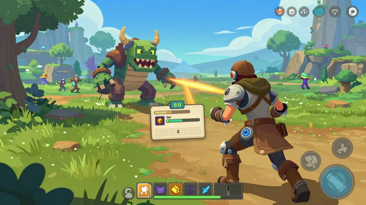 Gamer fighting a digital monster in a colorful metaverse