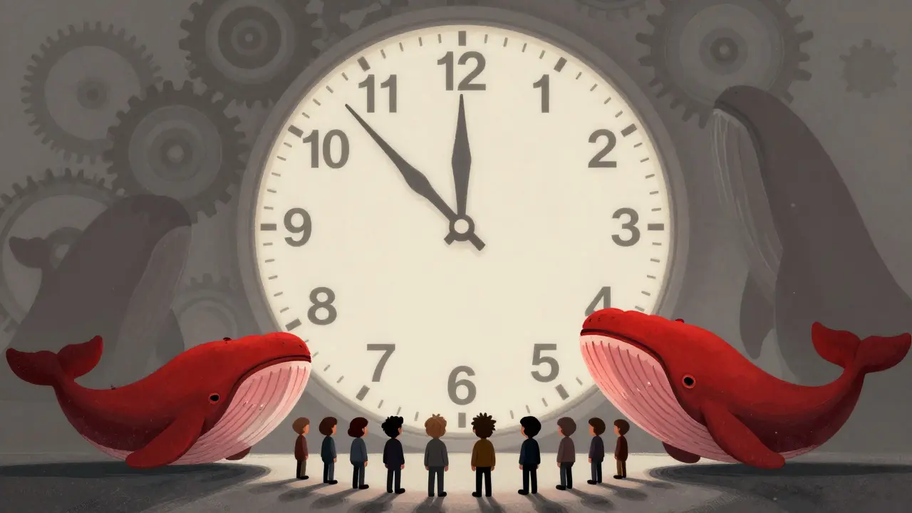 Giant whale figures overshadowing small voters near a slow clock face.