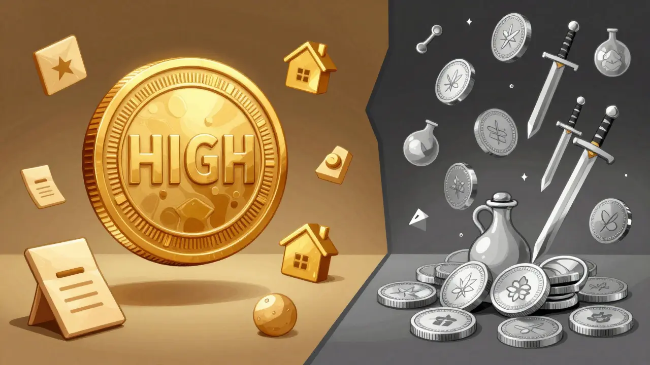 Golden HIGH token vs silver StreetCred coins split view