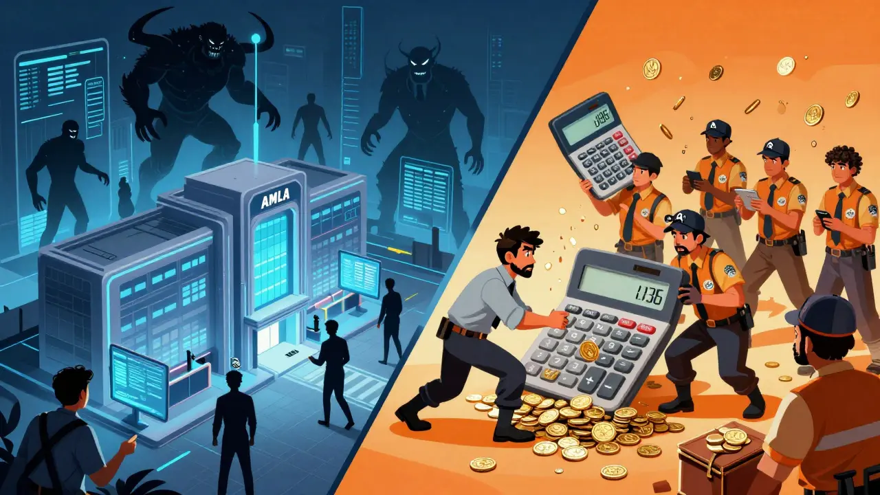 Illustration contrasting EU anti-money laundering targets with Indian tax penalties