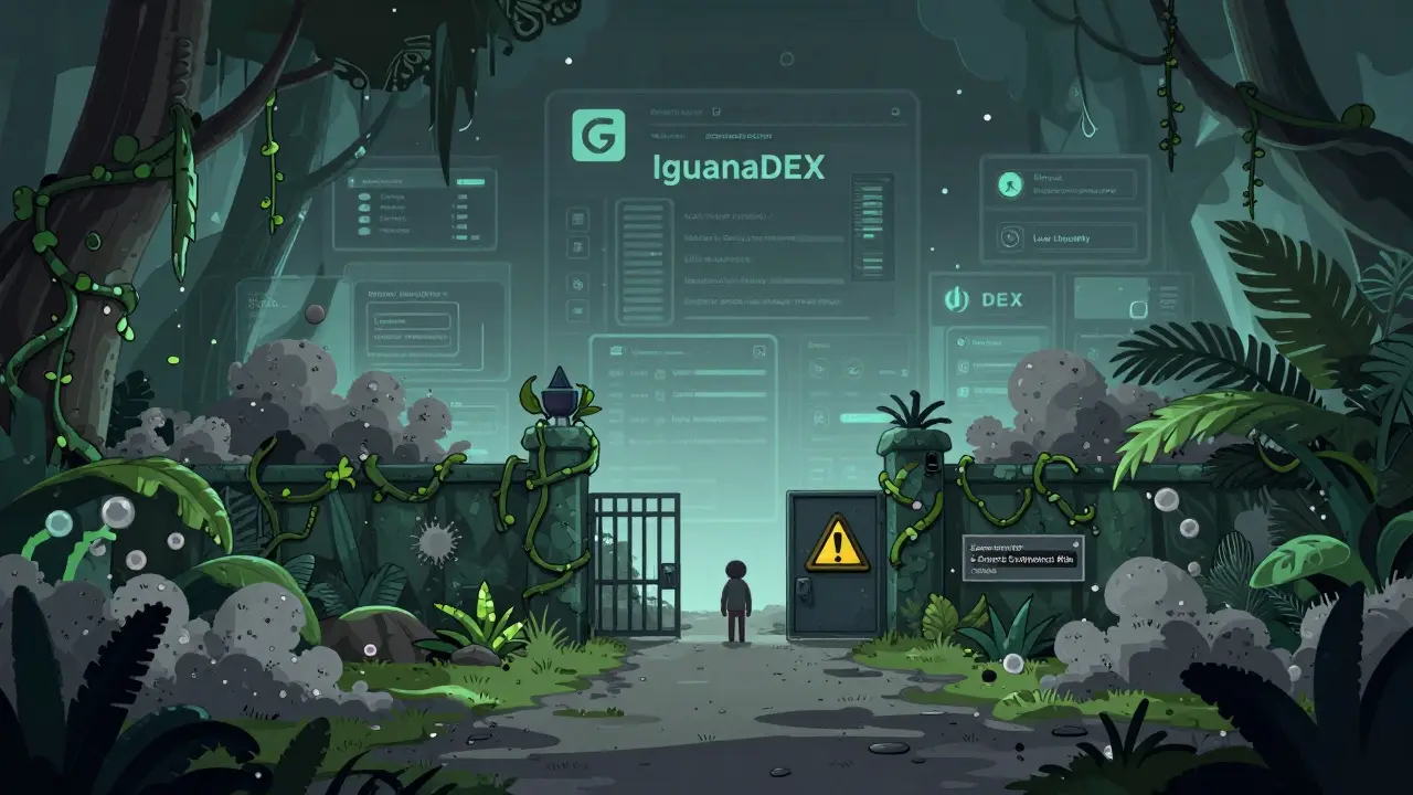 Illustration depicting a stagnant digital jungle with warning signs about crypto risks.
