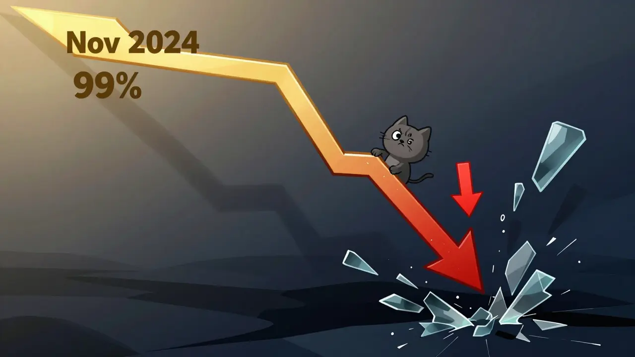 Illustration of a cat clinging to a plummeting stock chart showing massive value drop