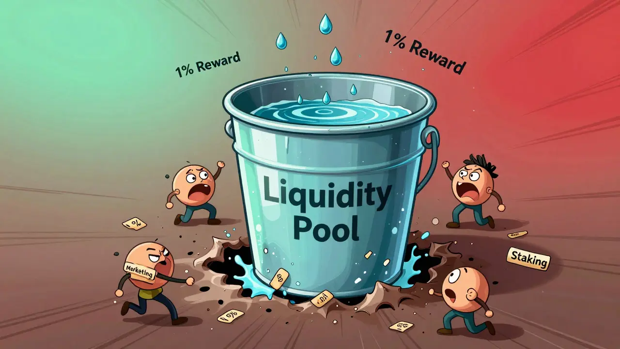 Illustration of a leaking liquidity bucket where rewards drip in slower than funds drain out.