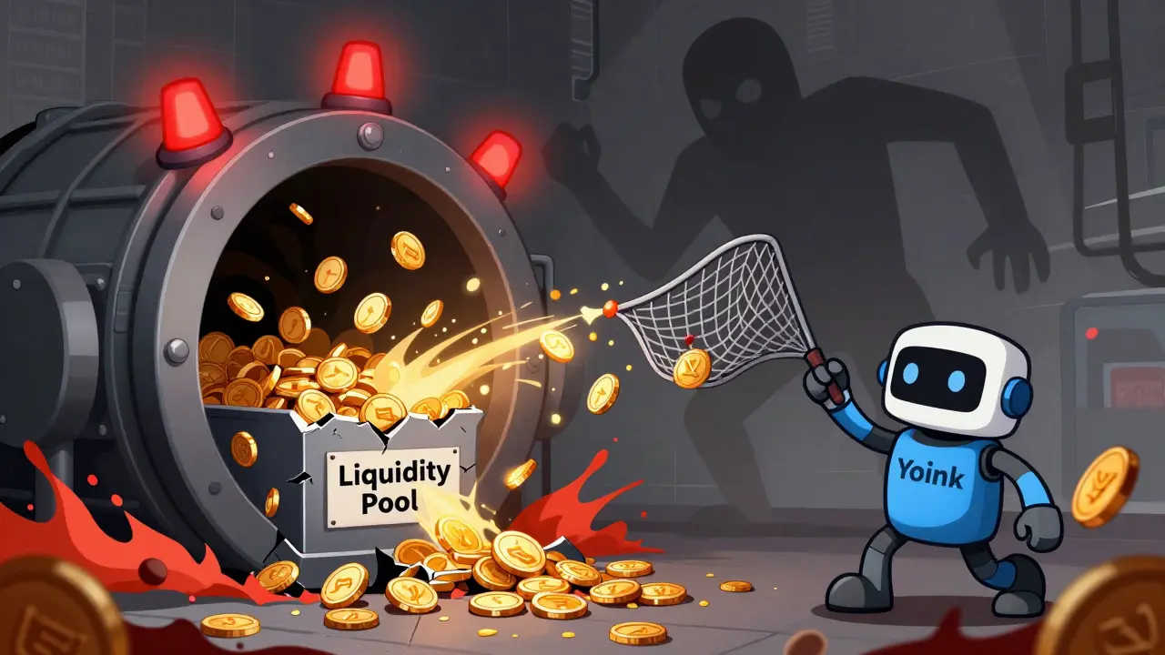 Illustration of a liquidity pool hack with funds draining and partial recovery.