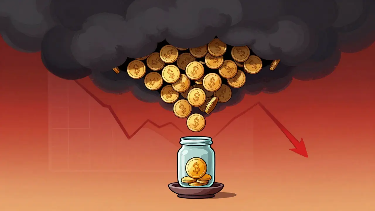 Illustration of a small token jar overshadowed by a large cloud of unreleased coins