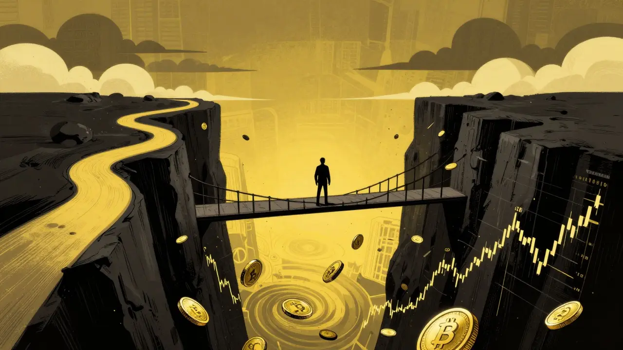 Illustration of a trader on a precarious bridge over a chaotic crypto market abyss.