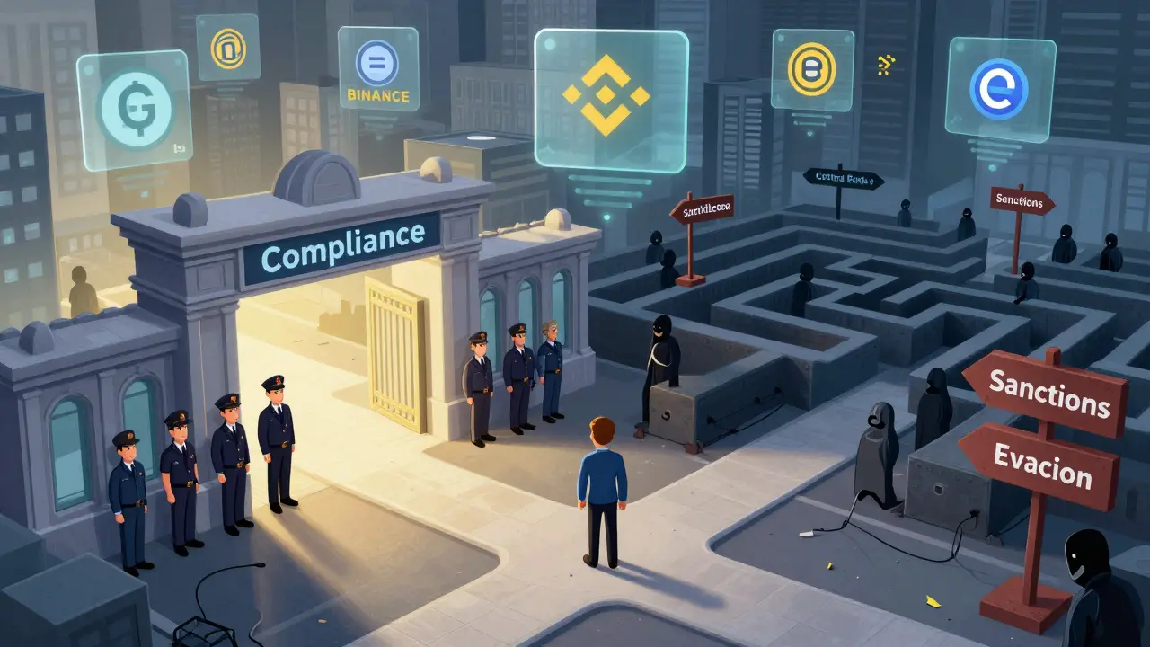 Illustration of a user choosing between compliant crypto paths and risky sanctions evasion.
