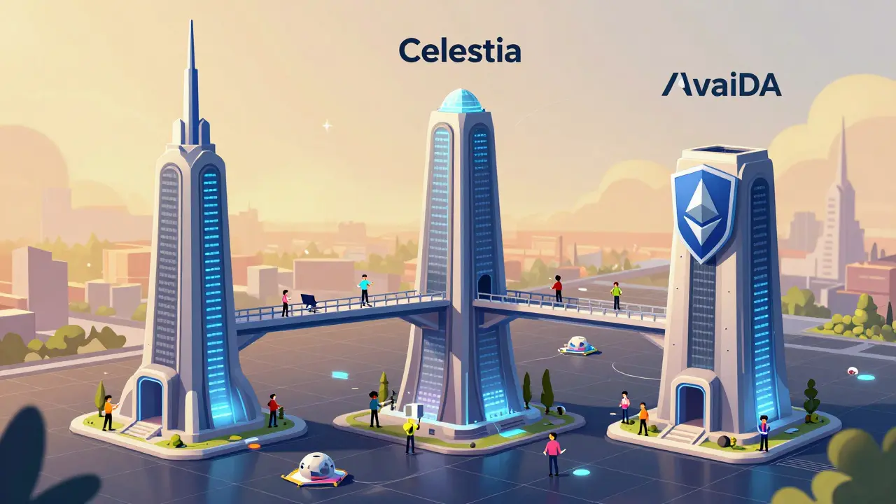 Illustration of three futuristic towers representing different data availability layer projects.