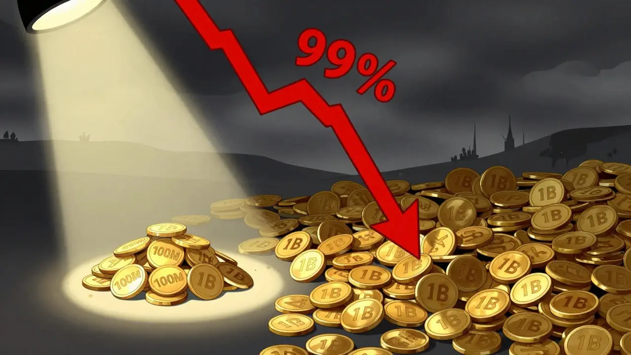 Illustration showing a crashing price graph and conflicting coin supplies for the MORTY token.