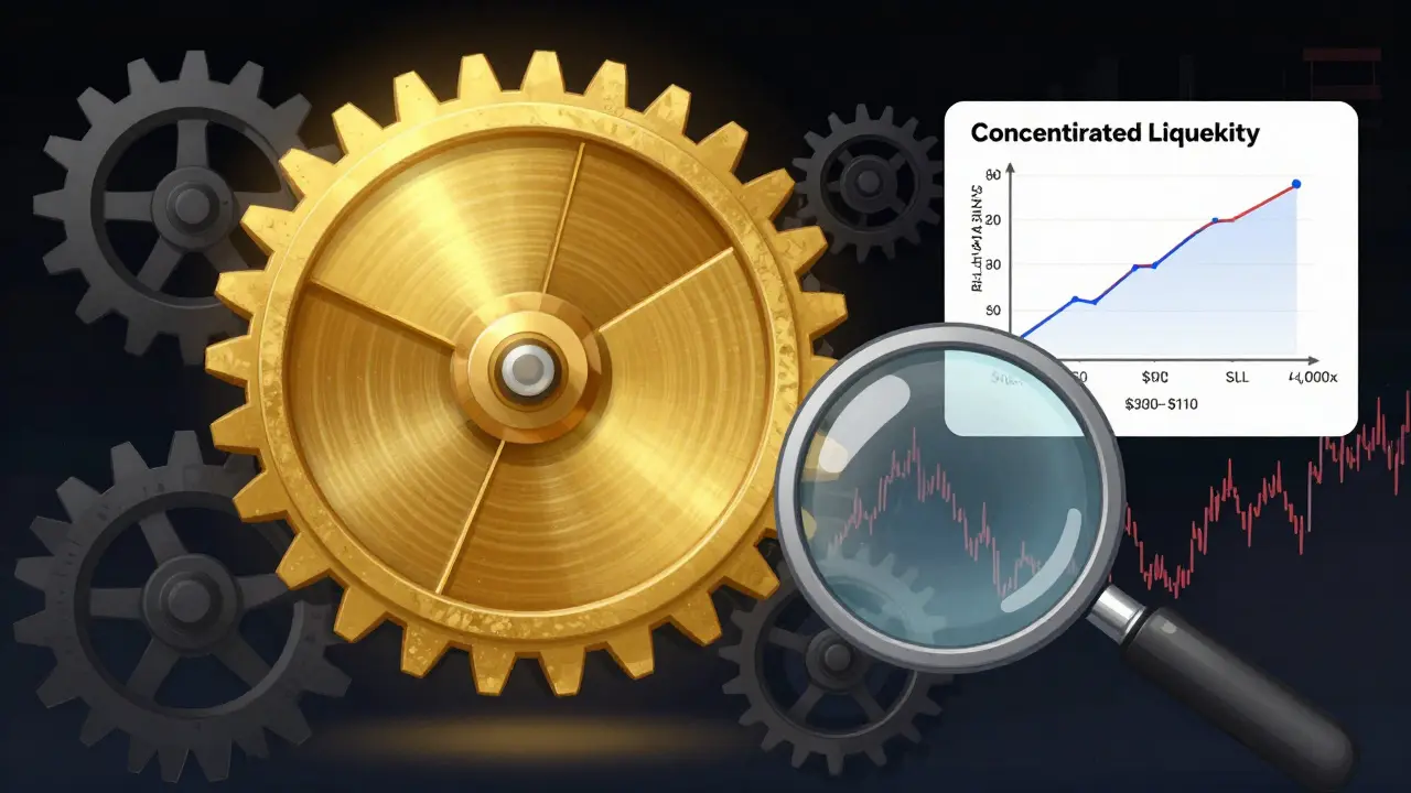Illustration showing concentrated liquidity mechanics vs traditional pools