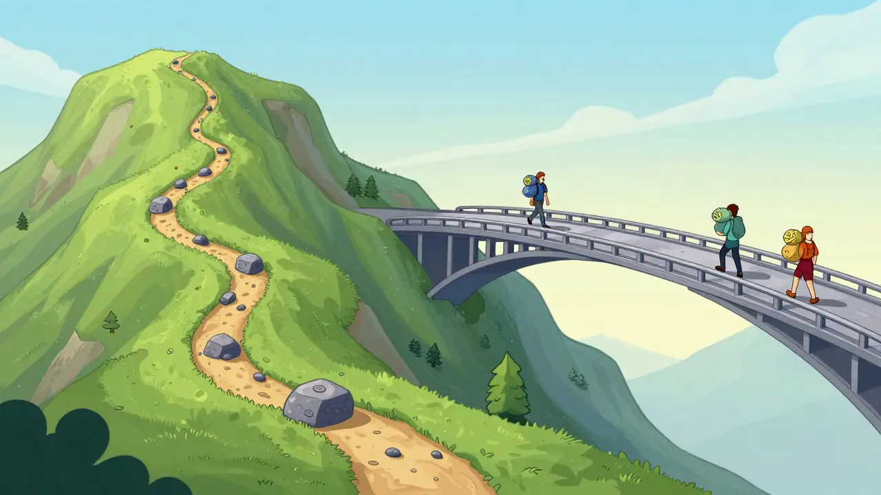 Mountain trail versus instant bridge illustrating probabilistic and deterministic finality