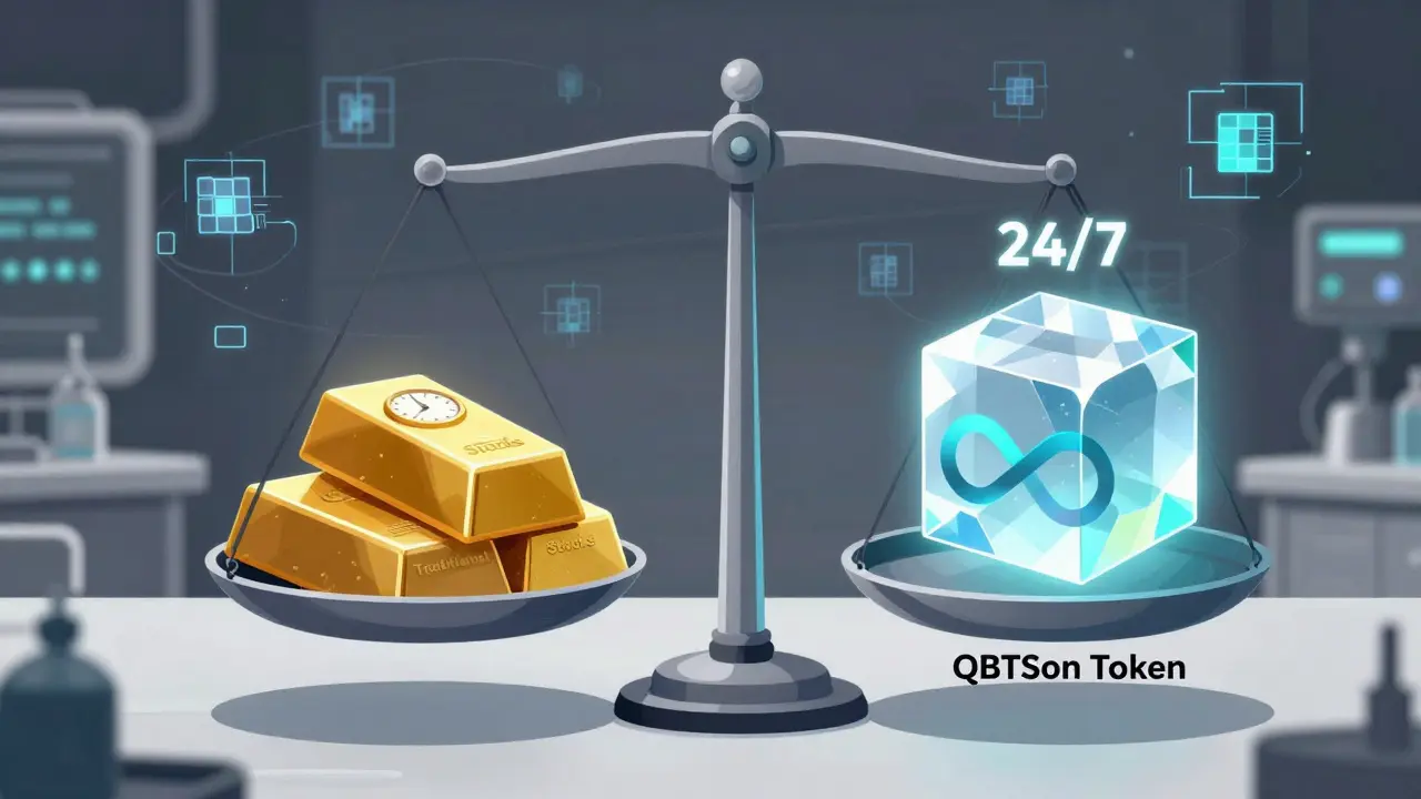 Scale comparing traditional stocks with 24/7 crypto tokens