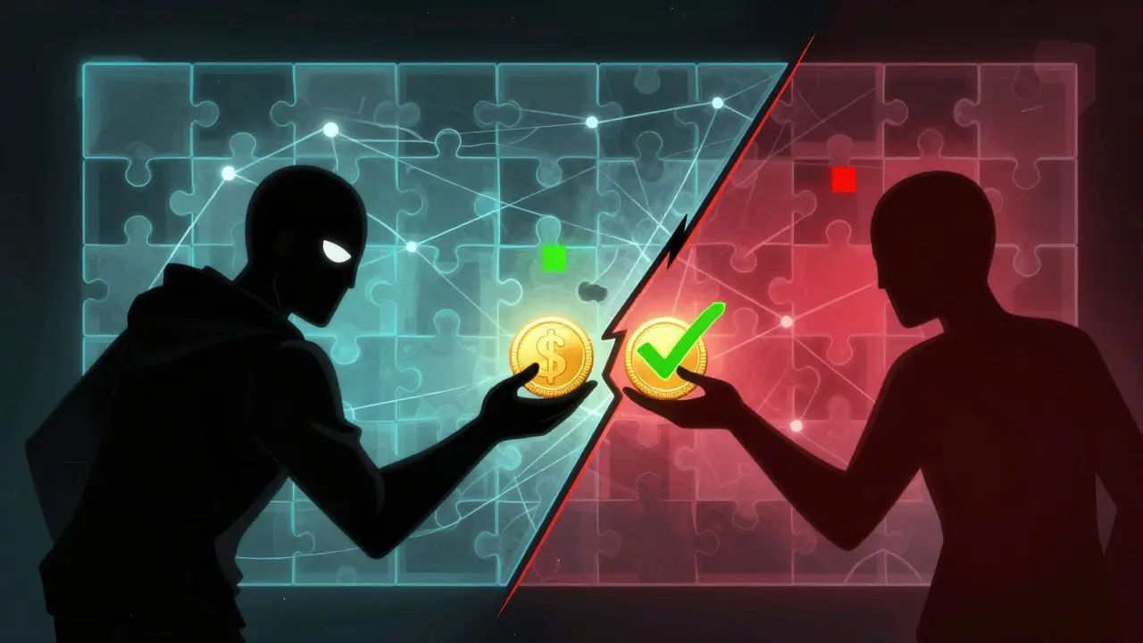 Shadowy figure attempting to spend the same coin twice in a split-reality scene