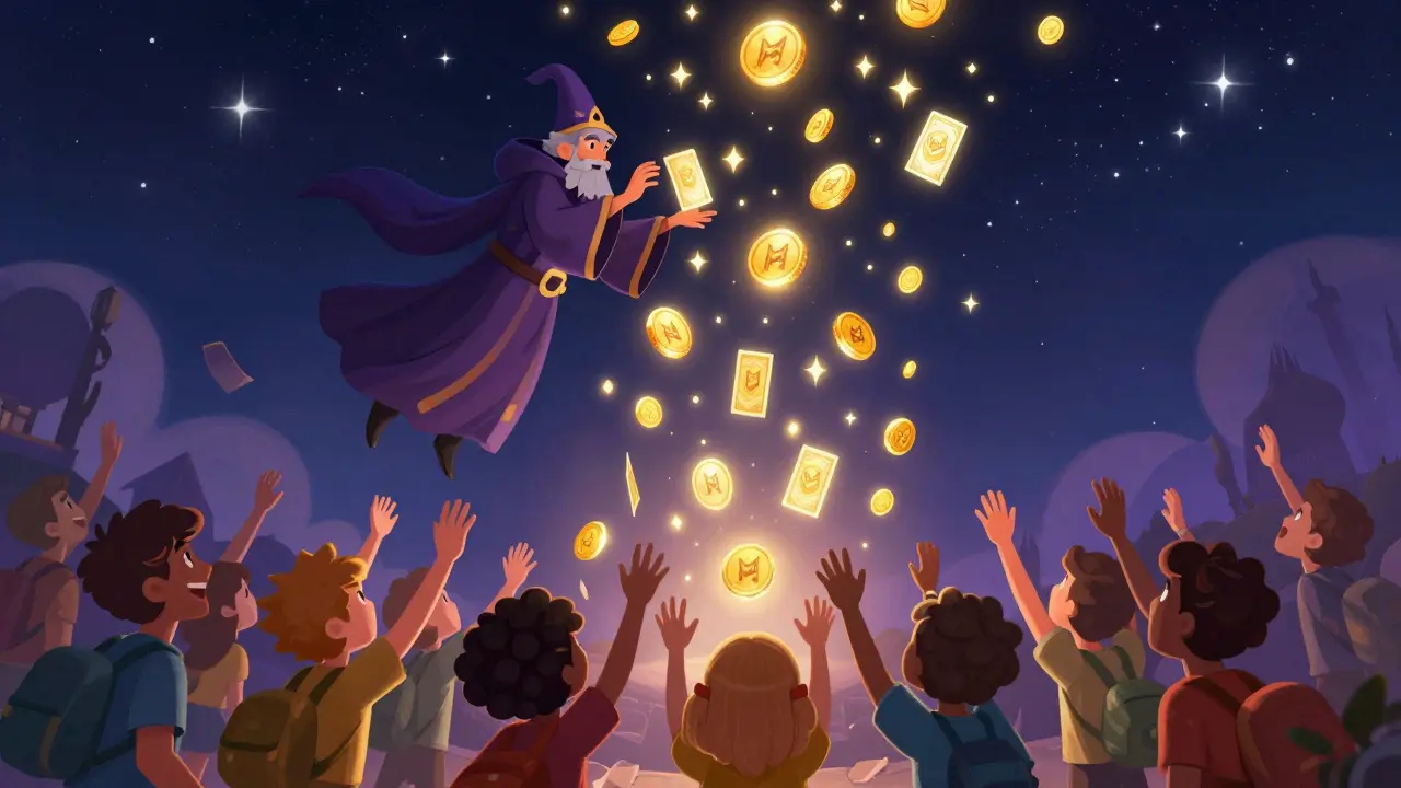 A wizard raining down glowing crypto tokens and NFT cards onto happy cartoon players.