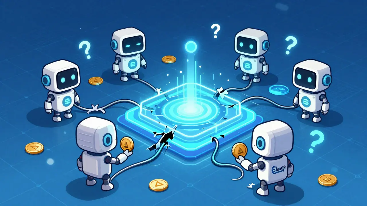 AI robots connected by tattered wires to blockchain network