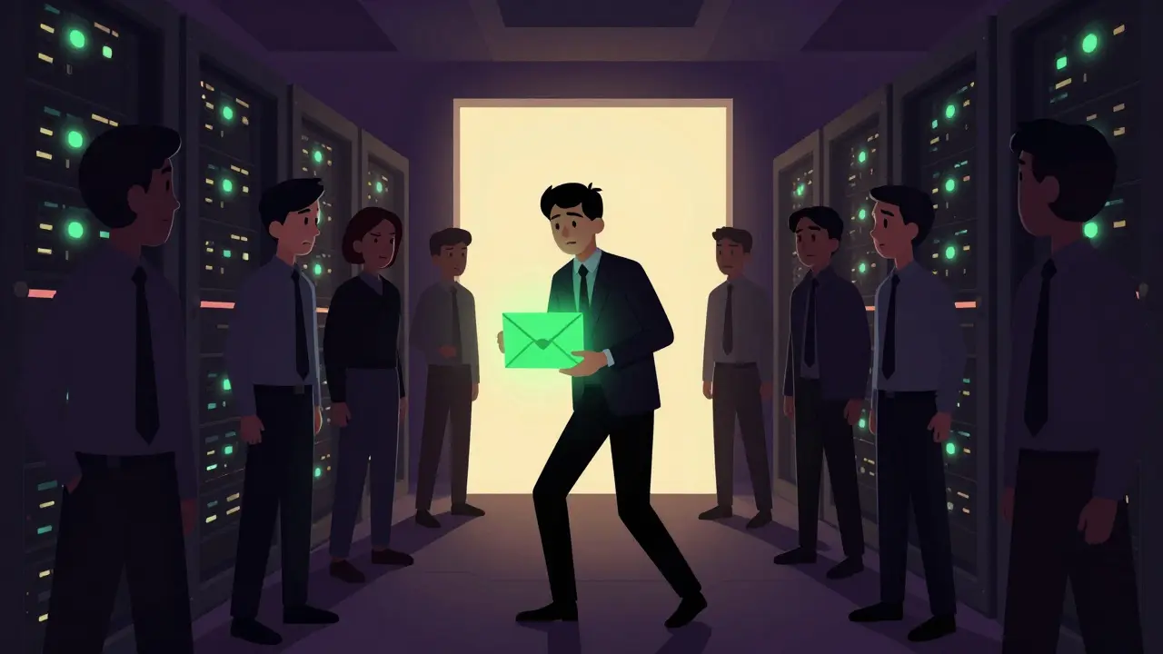 An illustrated scene of a whistleblower holding a glowing tip box in a dark server room, stepping toward the light.