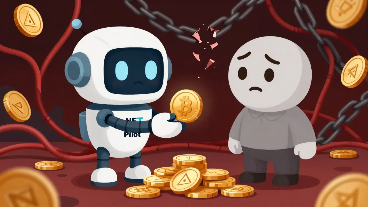 Cartoon mascot giving out hollow golden coins, symbolizing worthless scam tokens and hidden traps.