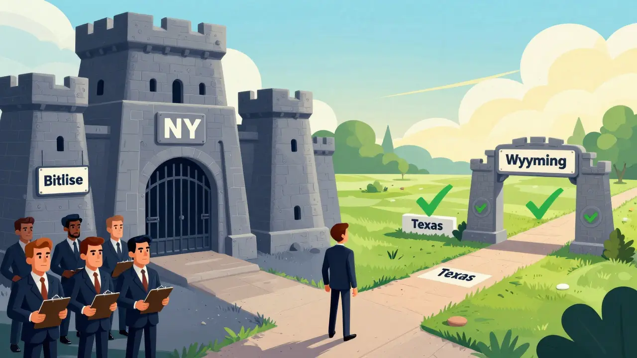 Concept art comparing strict NY BitLicense fortress with open Wyoming/Texas regulatory paths.