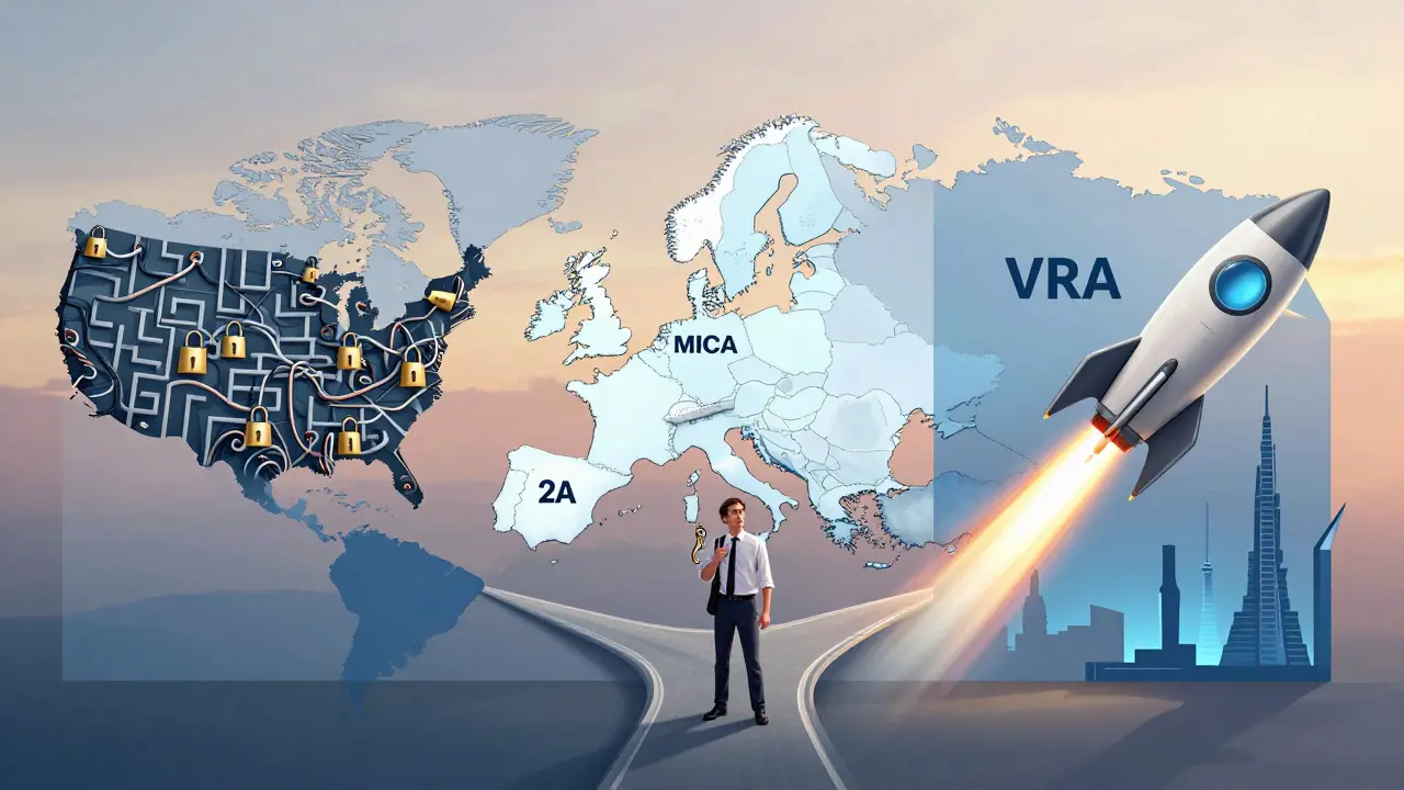 Concept art comparing US, EU, and UAE crypto regulatory landscapes as mazes, bridges, and rockets