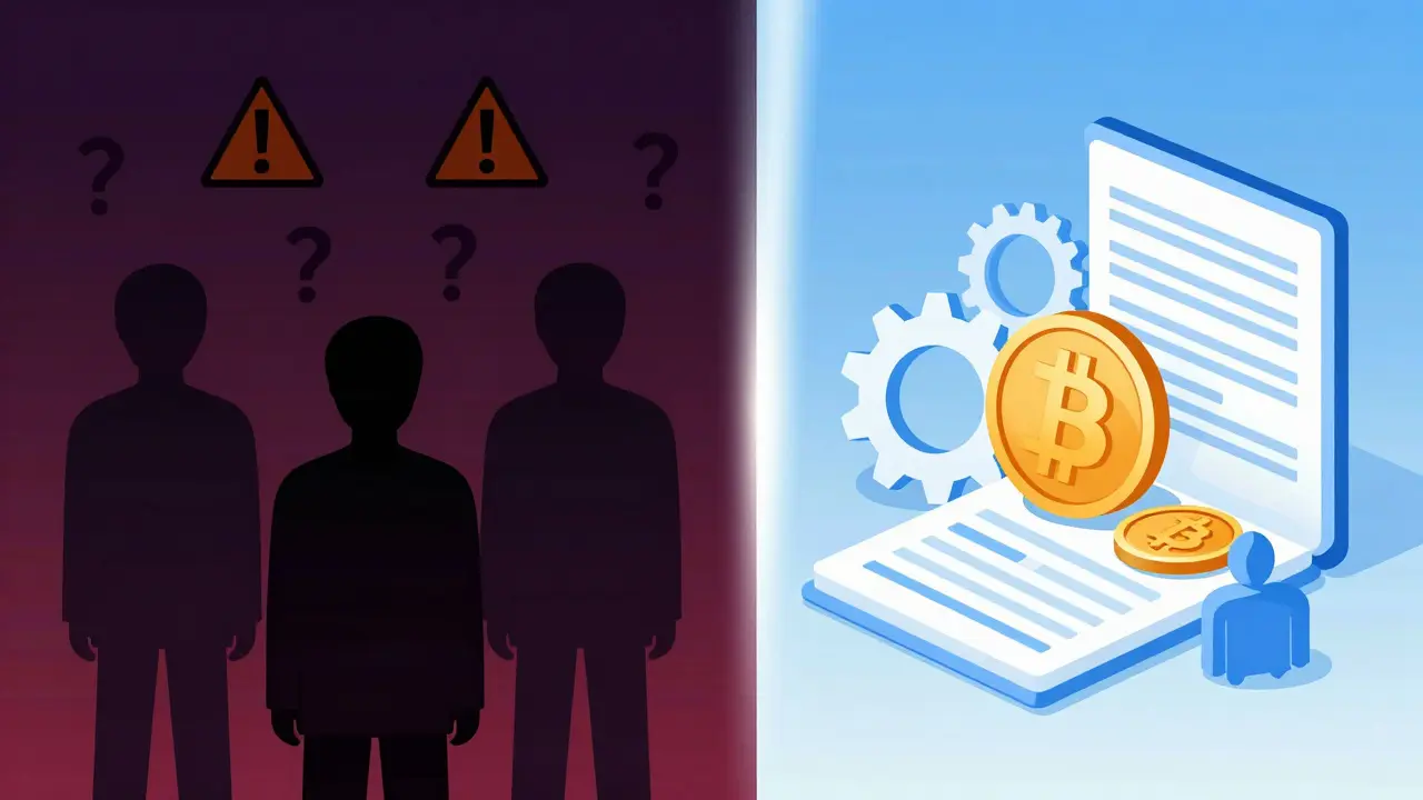 Concept art contrasting banned crypto with approved blockchain tech