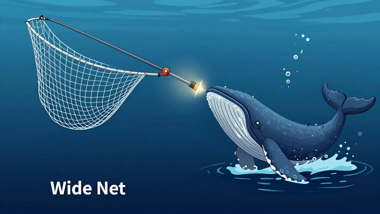 Concept art depicting a harpoon targeting a large digital whale, symbolizing focused SEC enforcement on major cases.