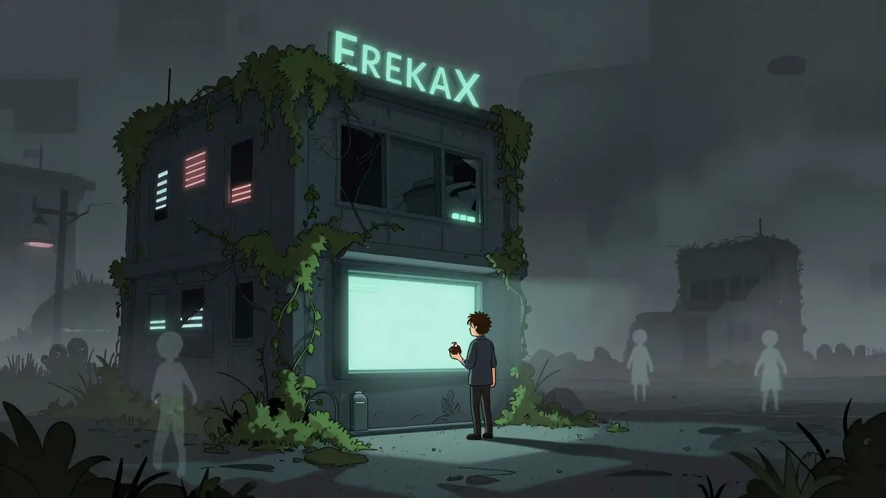 Concept art of an abandoned, dark crypto exchange platform surrounded by fog and neglect.