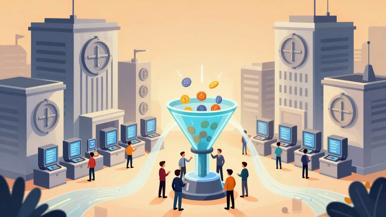 Concept art of large institutions dominating blockchain validation via liquid staking