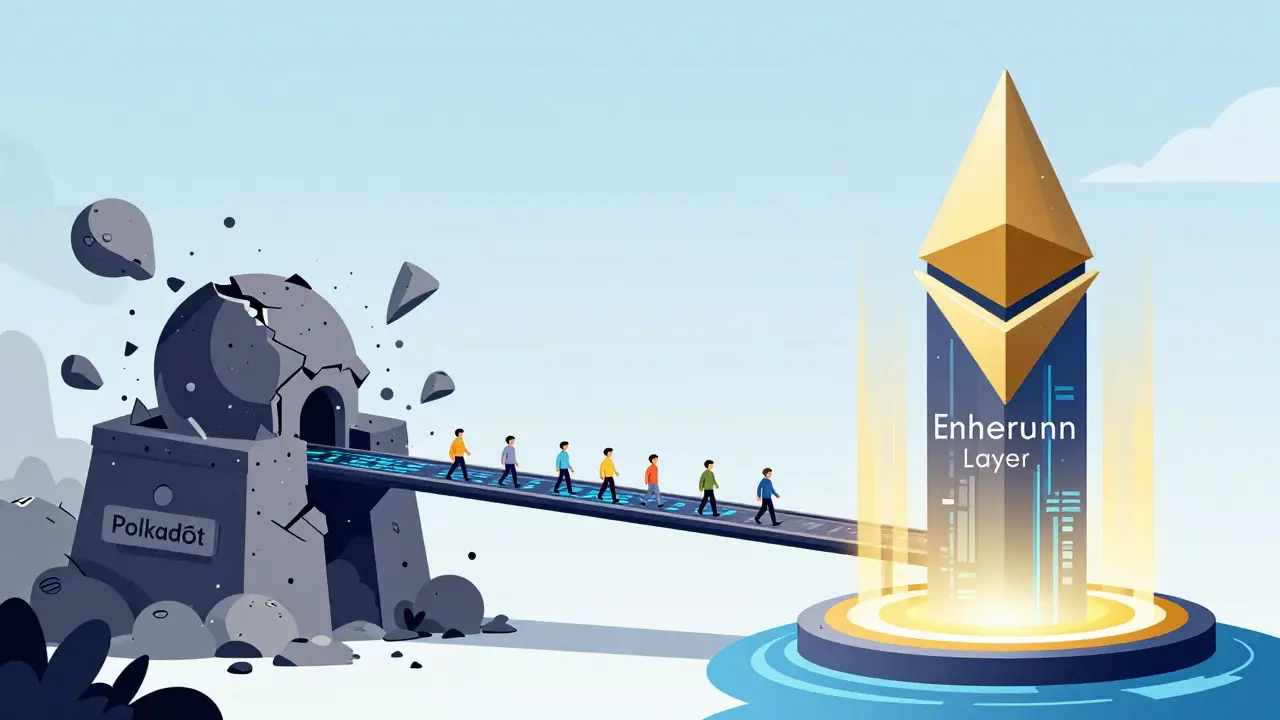 Concept art showing migration from Polkadot to Ethereum L2 blockchain infrastructure.