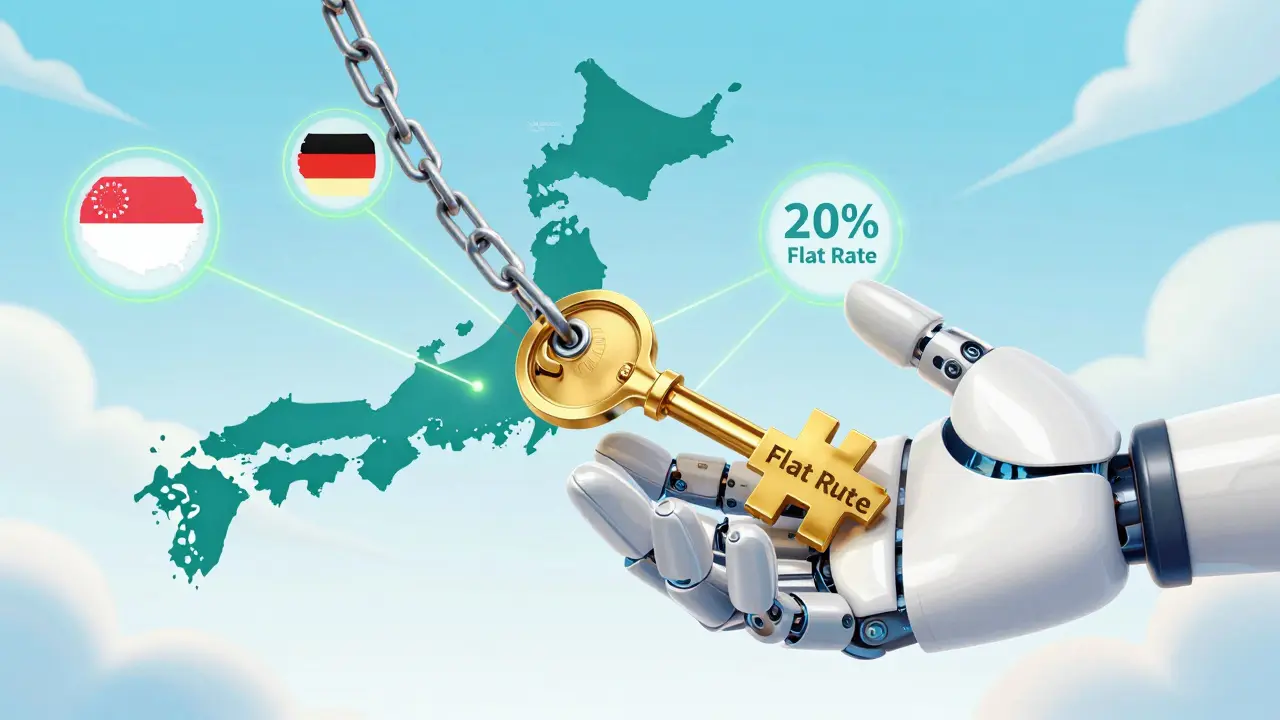 Concept art showing shift from heavy chains to flat 20% tax rate key